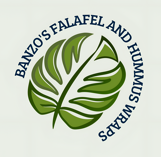 Logo for Banzo’s Falafel and Hummus Wraps featuring a stylized green leaf inside a circular border, with the business name “Banzo’s Falafel and Hummus Wraps” written around the circle on a light background.
