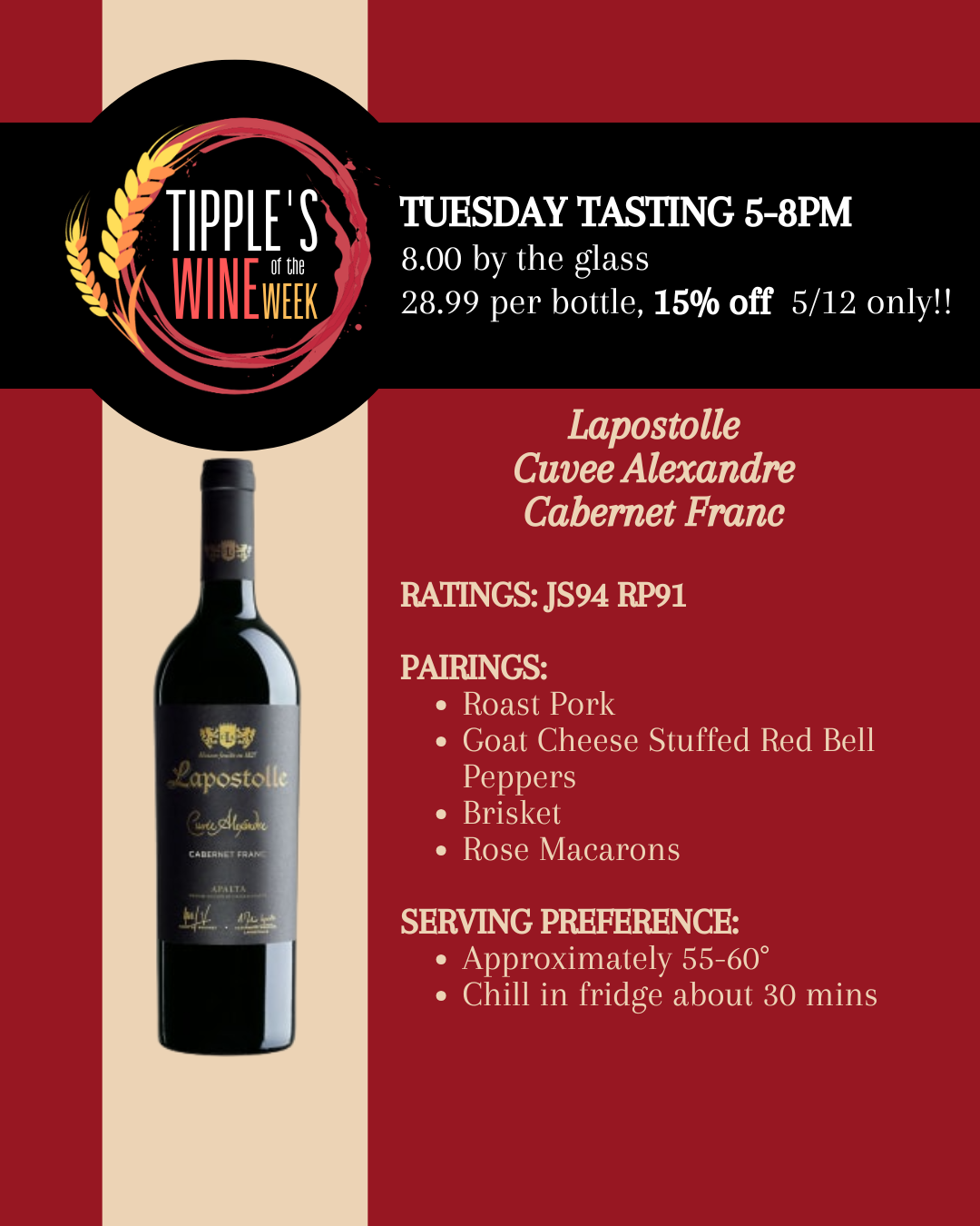 Promotional draft beer menu graphic for Tipple’s Brews & Wine with a clean light-gray background and gold decorative corner accents. A red “On tap!” graphic appears in the upper left beside a circular logo featuring a mustached man in a safari hat, with a black beer tap illustration on the upper right. Centered text reads “Beer Draughts” with a note explaining that draught beer and 32 ounce or 64 ounce growler fills depend on the amount of beer remaining in the keg. The menu was updated on May 7 at 8:09 PM EDT. The “On Tap Now!” section lists four beverages: • Crispy Cat Lager — American lager from Fat Orange Cat Brew Co. in North Haven, Connecticut, 5.2 percent ABV. • Pseudo Alien — Imperial IPA from Toppling Goliath Brewing Co. in Decorah, Iowa, 7.6 percent ABV, marked as new. • Cordial Offering: All Of The Chocolate — Imperial stout from Edmund’s Oast Brewing Company in Charleston, South Carolina, 11 percent ABV, brewed with chocolate and vanilla, also marked as new. • Salted Watermelon — Sweet cider from Cider Creek Hard Cider in Canisteo, New York, 6.6 percent ABV. Each listing includes serving sizes for 16 ounce pours, 32 ounce growlers, and 64 ounce growlers. The overall layout resembles an upscale tap list designed for social media promotion and customer accessibility.