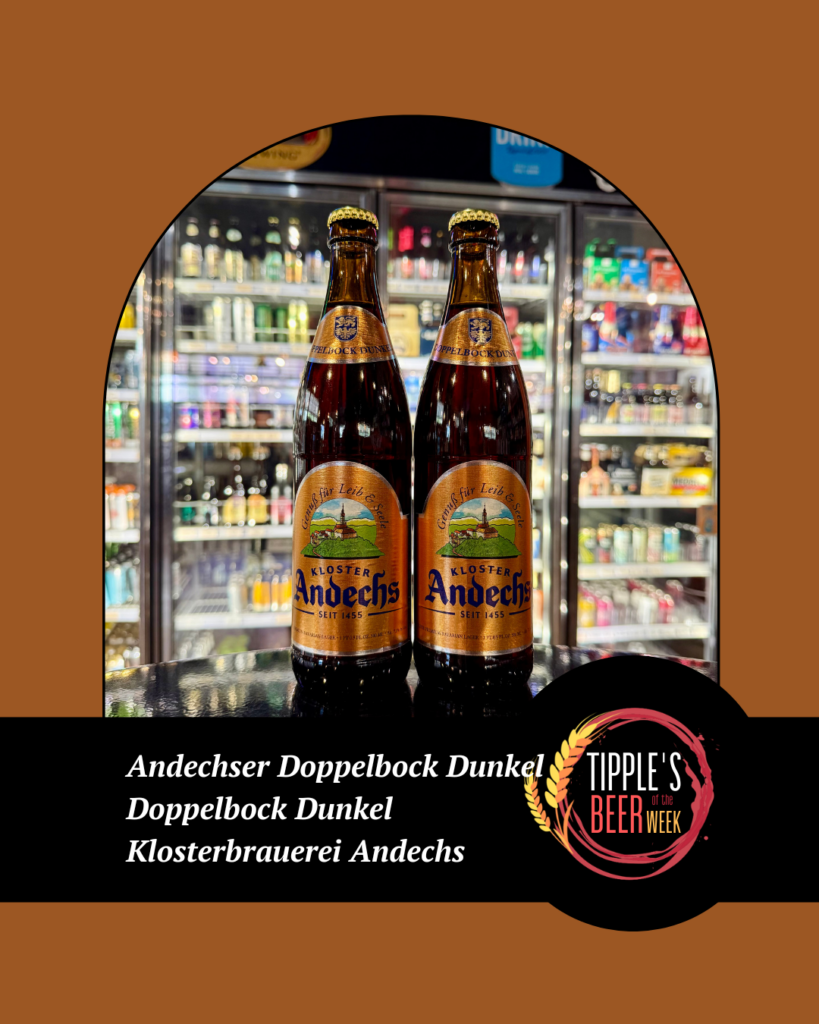 An Instagram graphic on a brown background featuring an arched window cutout that shows two brown glass bottles of Kloster Andechs Doppelbock Dunkel beer standing side-by-side. The bottles have gold labels depicting a monastery on a hill. Below the image, a black banner includes white text reading: "Andechser Doppelbock Dunkel, Doppelbock Dunkel, Klosterbrauerei Andechs." To the right is a circular logo that says "Tipple's Beer of the Week" surrounded by a stylized wheat and paint-stroke graphic.