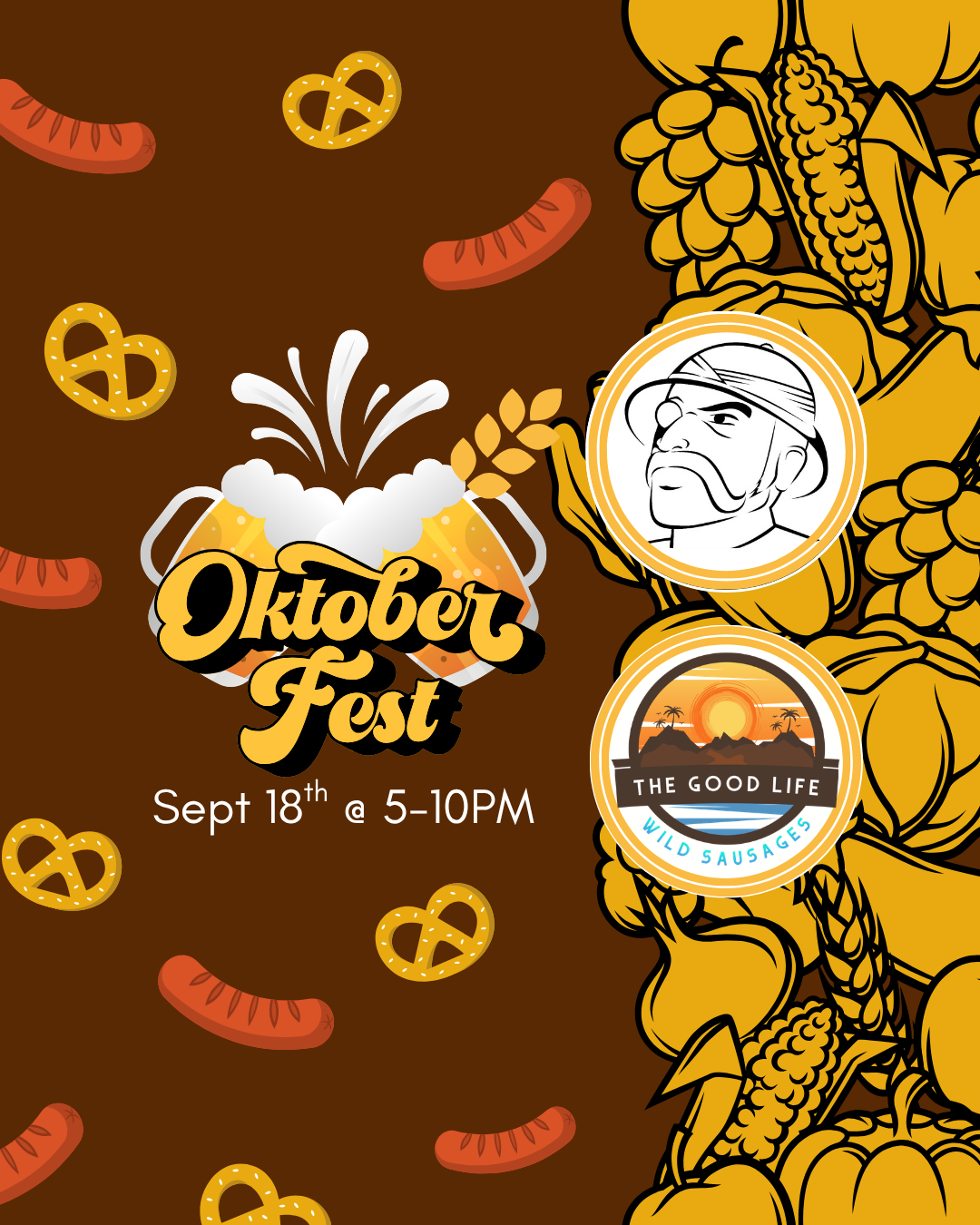 Tipple’s Oktoberfest, September 18 from 5–10 PM, featuring The Good Life Wild Sausages. Festive brown and gold design with beer mugs, pretzels, sausages, hops and grain.